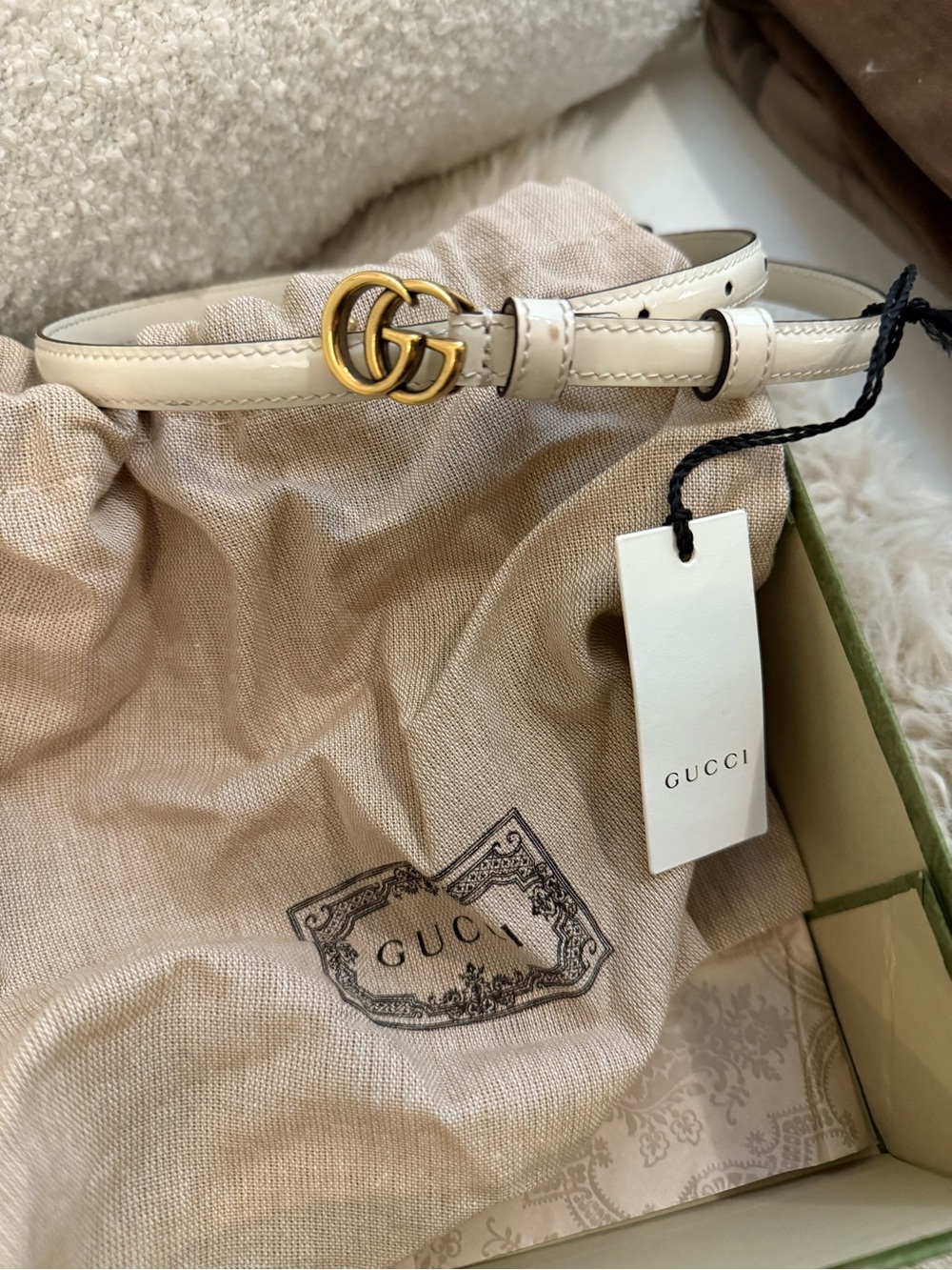 Gucci Ivory Leather Thin Belt with Gold Double G Buckle